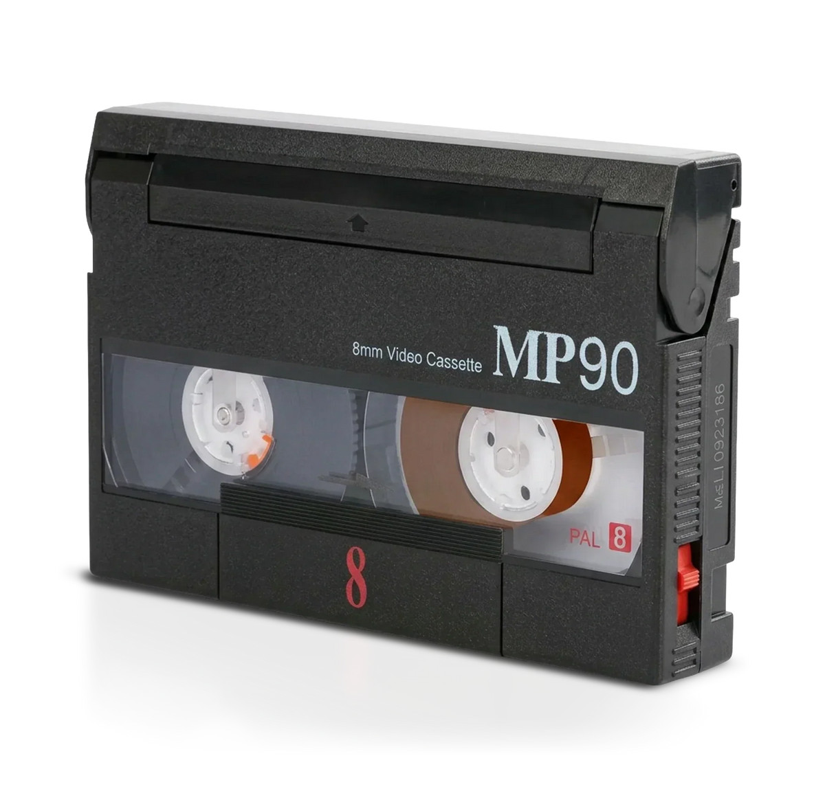 Black 8mm video cassette tape with visible reels and red markings, ideal for Hi8, Video 8, Digital 8 to Digital conversion services.