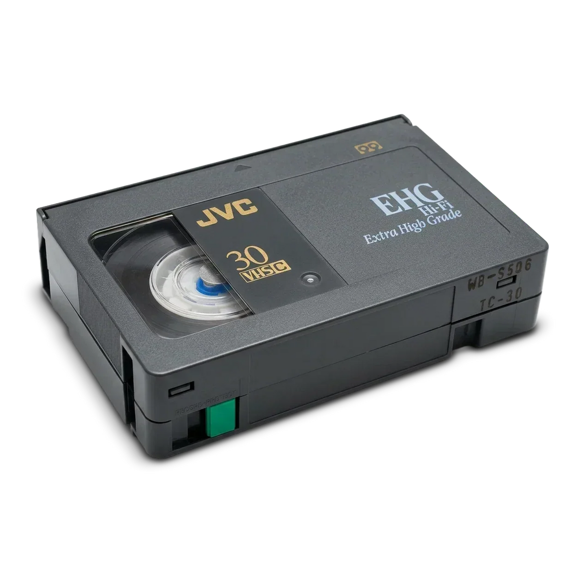 VHS-C tape in black plastic casing with JVC branding and EHG Extra High Grade label, labeled 30 minutes, showcasing VHS-C to Digital Transfer